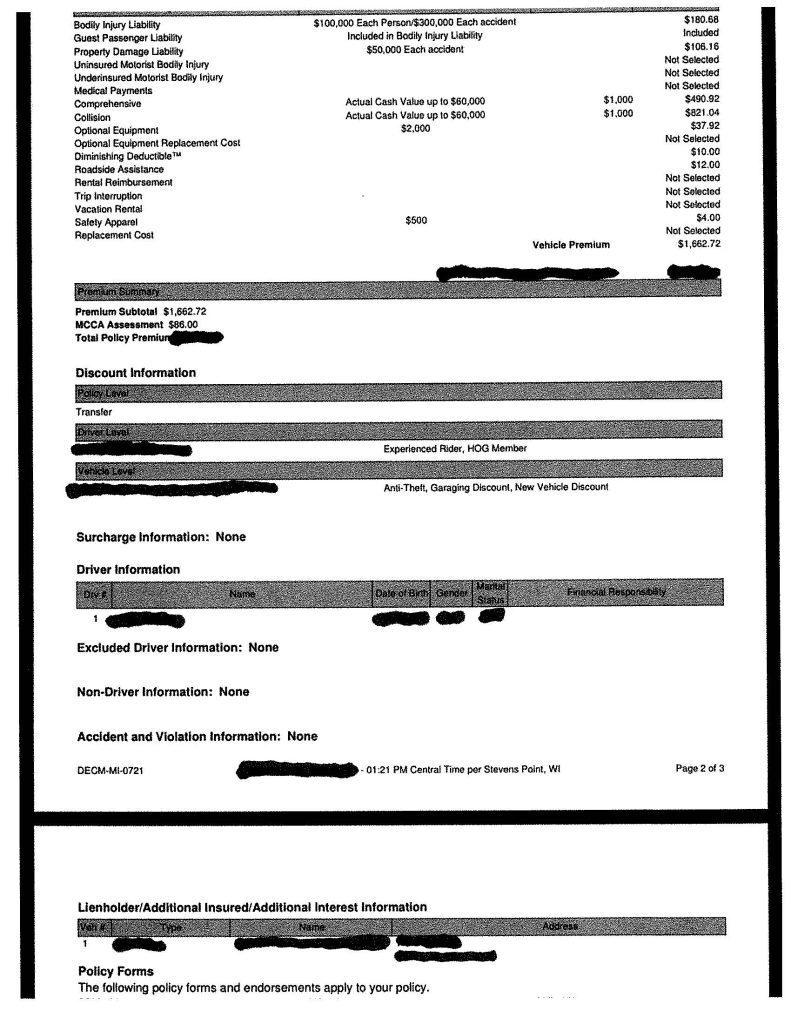 Motorcycle Insurance Declaration Page